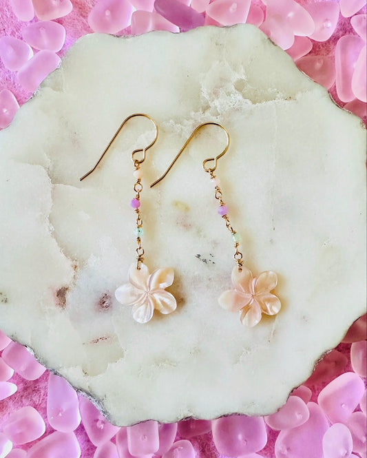 Baby Pink Plumeria & Multi Opal Earrings