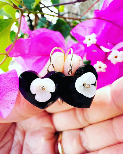 Black Heart Lignite & Shell Flower Earrings