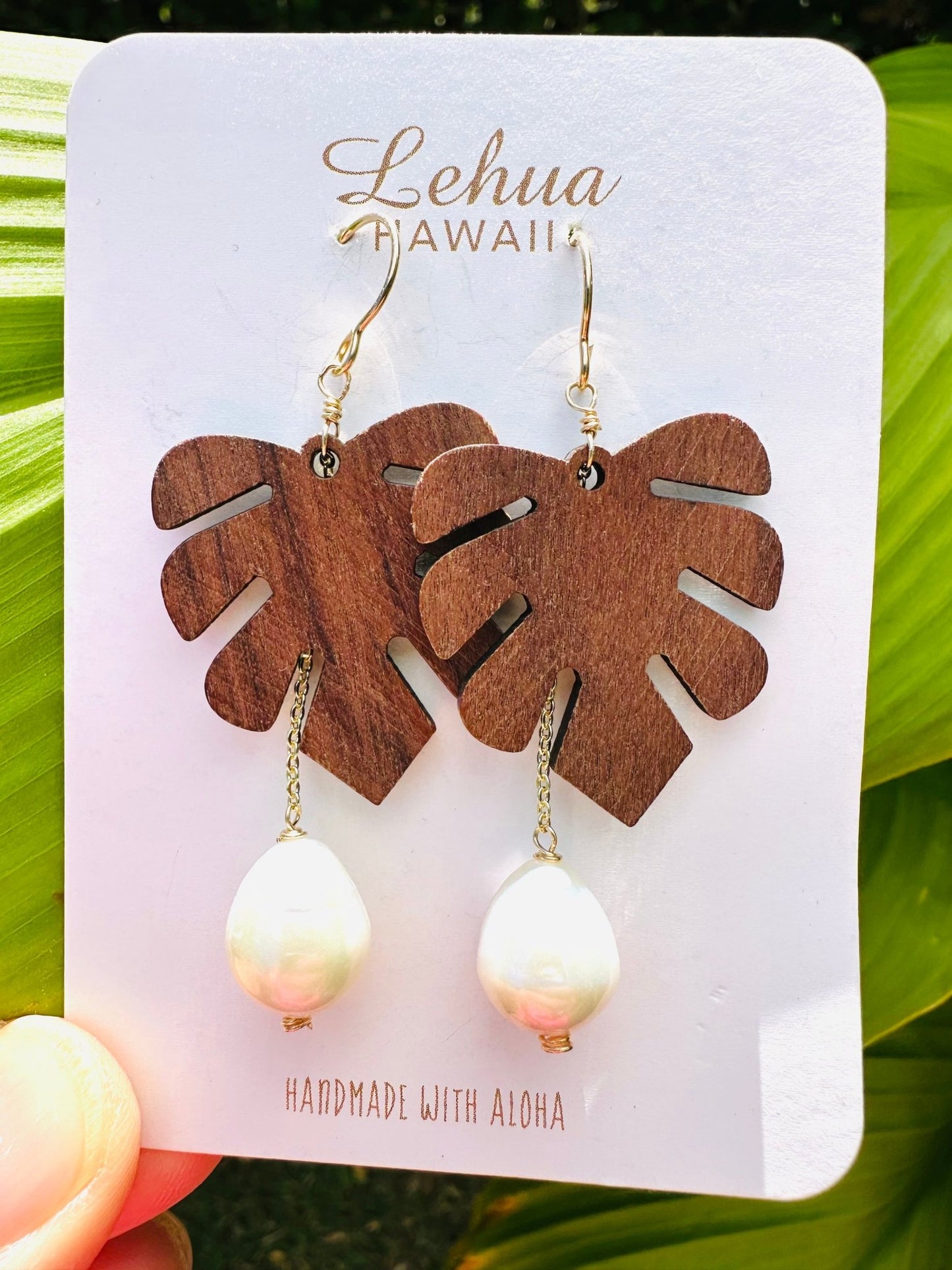 Monstera & Drop Pearl Earrings - Lehua Hawaii Jewelry LLC