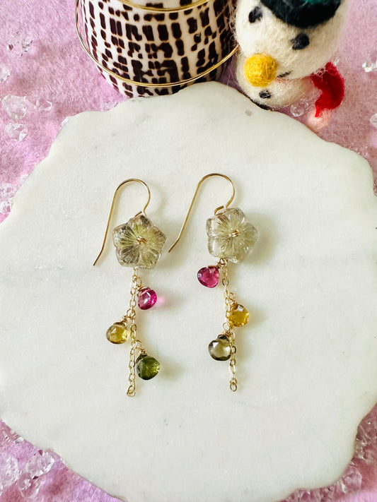 Vintage Gold Flower & Toumaline Earrings