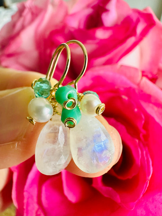 Moonstone & Emerald Czech Earrings