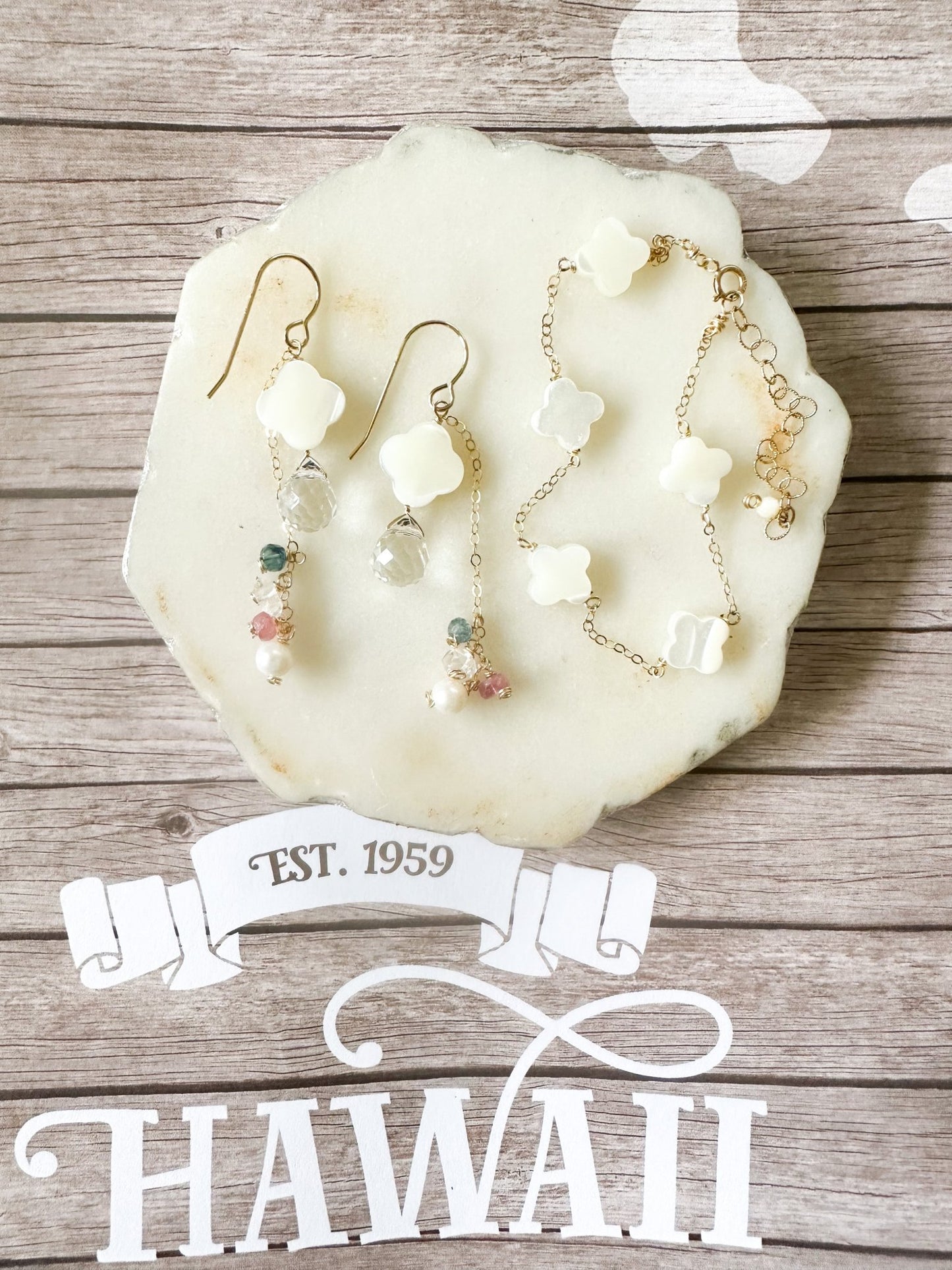 Clover Shell & Gems Earrings - Lehua Hawaii Jewelry LLC