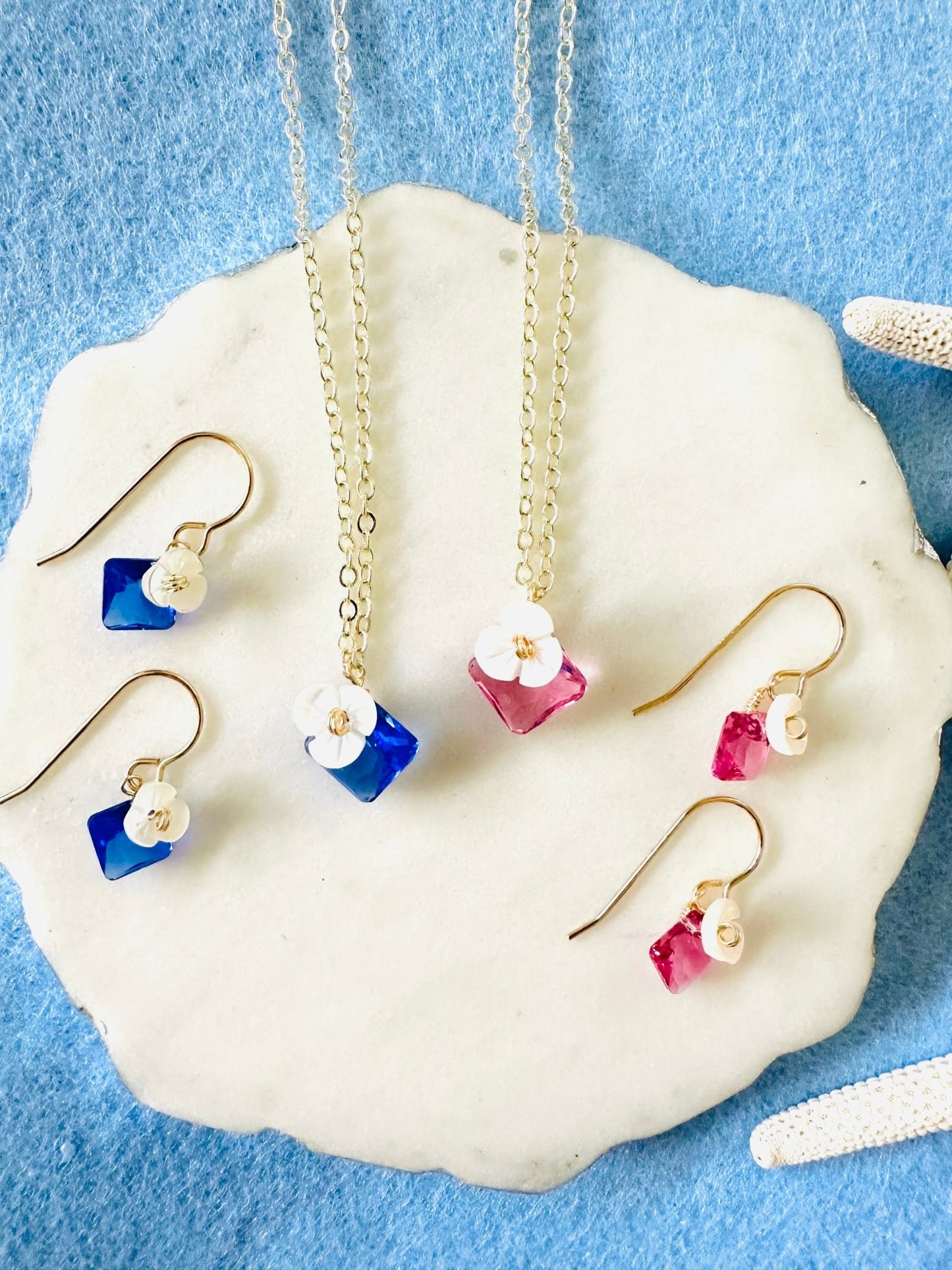 Rose Pink/Blue Crystal & Shell Flower Earrings - Lehua Hawaii Jewelry LLC