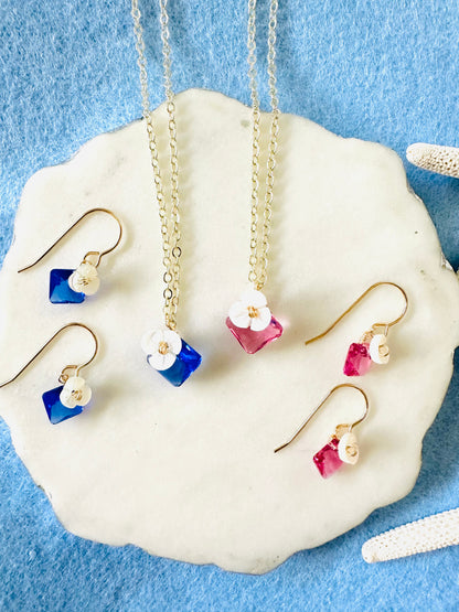 Rose Pink/Blue Crystal & Shell Flower Earrings