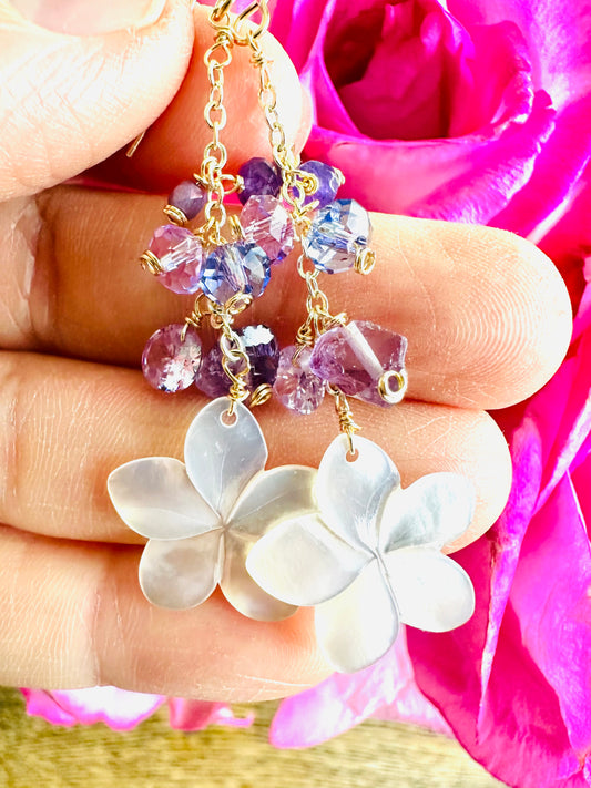 Plumeria & Purple Gems Earrings