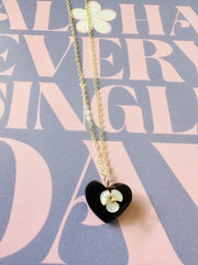 Black Heart Lignite & Shell Flower Necklace