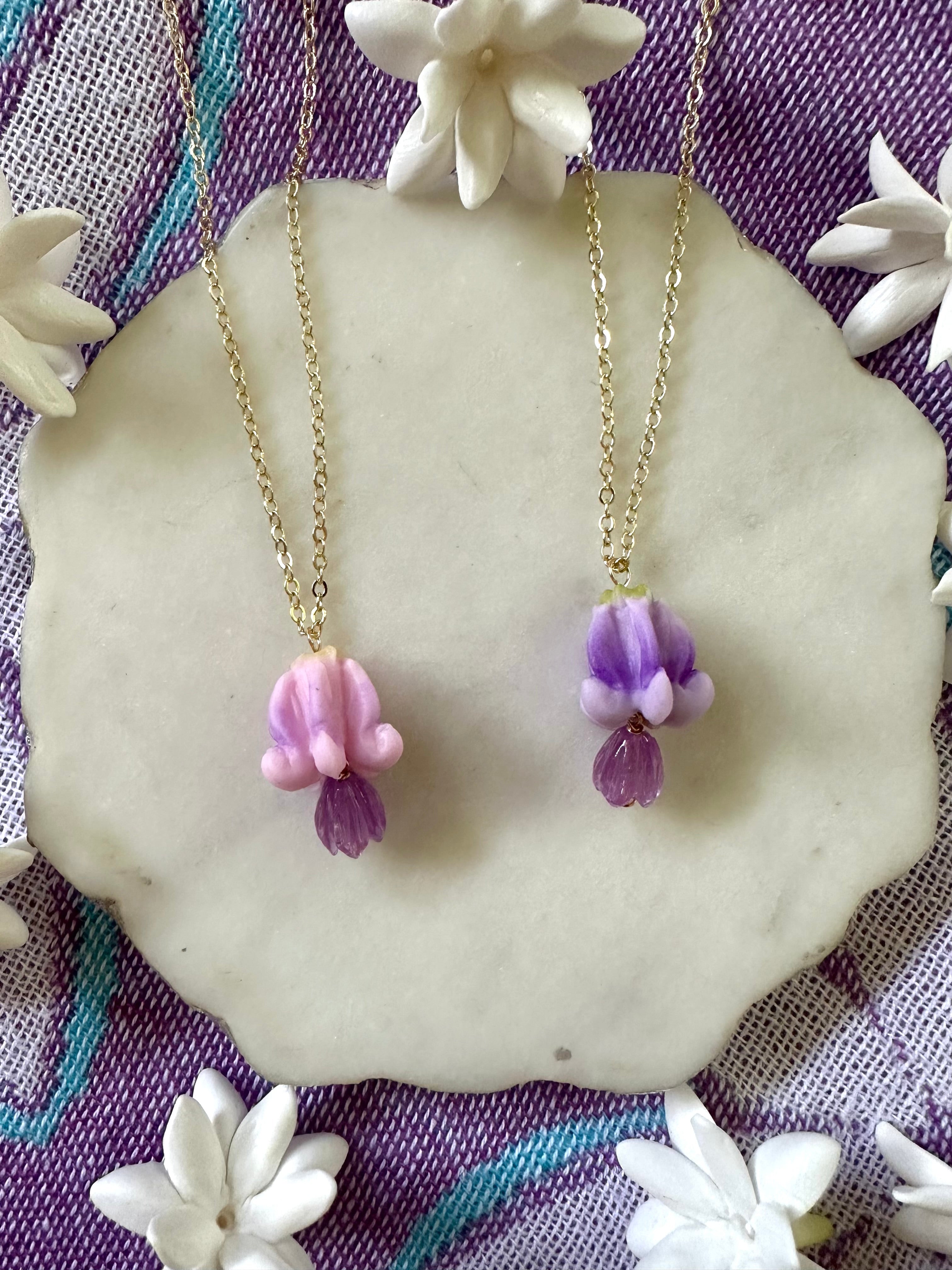 Purple Clear Pikake & Crown Flower Necklaces
