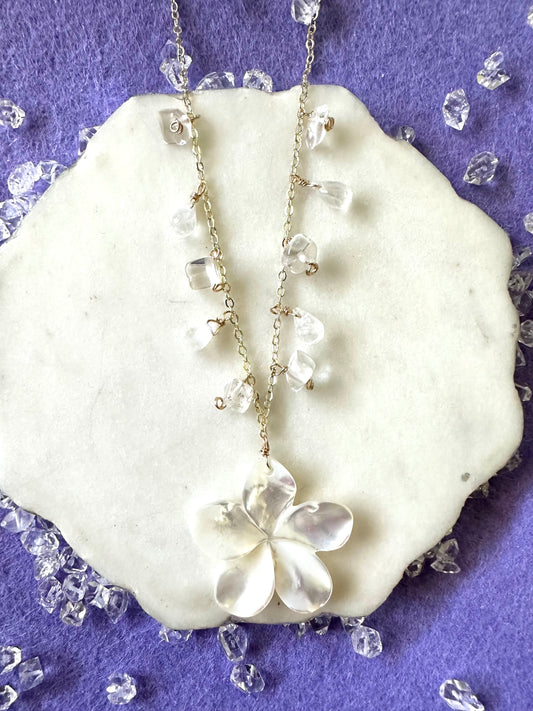 White Plumeria & Crystal Quartz Necklace