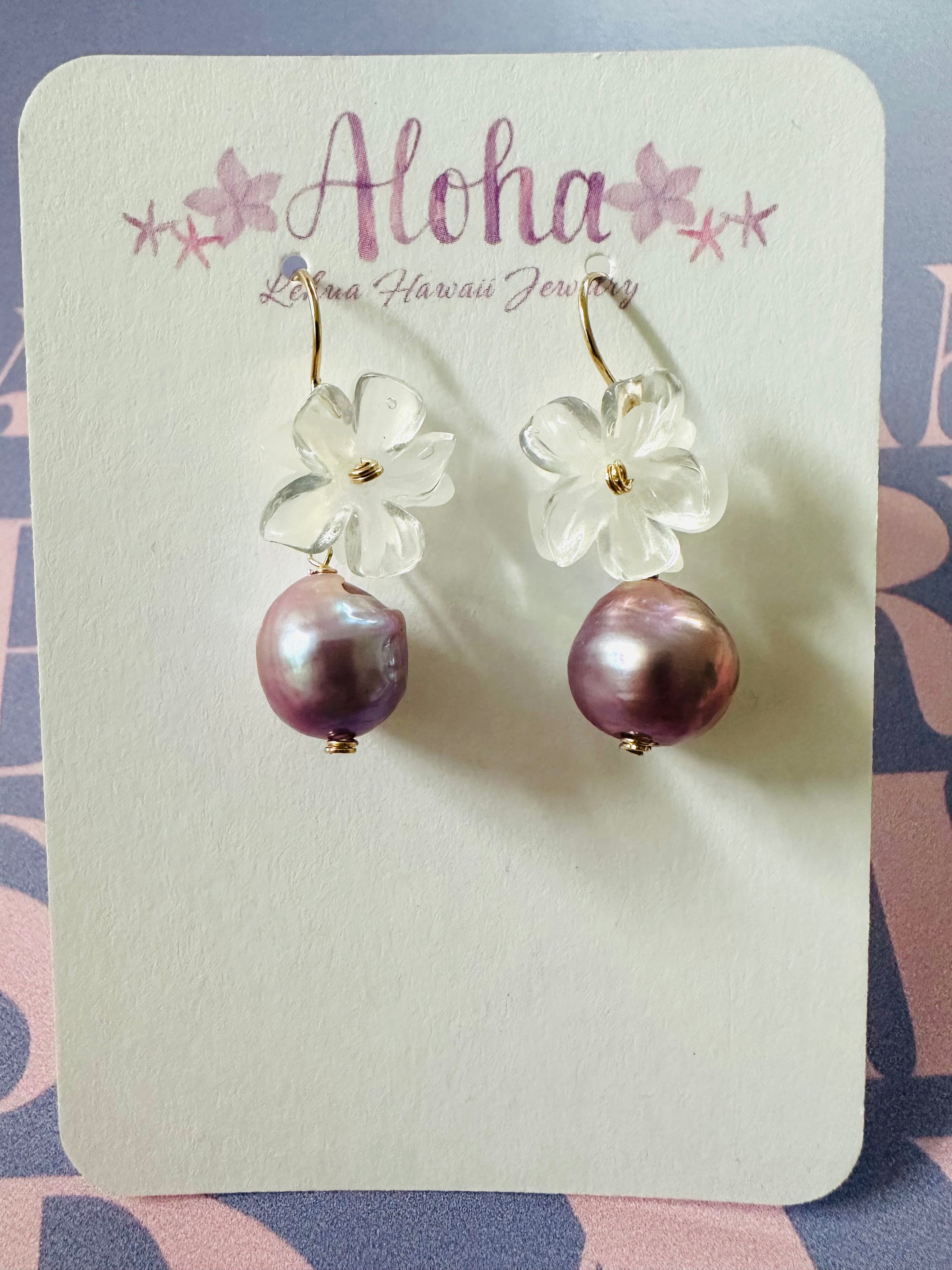 Clear Flower & Purple Pearl Earrings