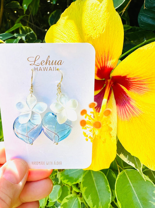 Plumeria Shell & Blue Heart Earrings - Lehua Hawaii Jewelry LLC