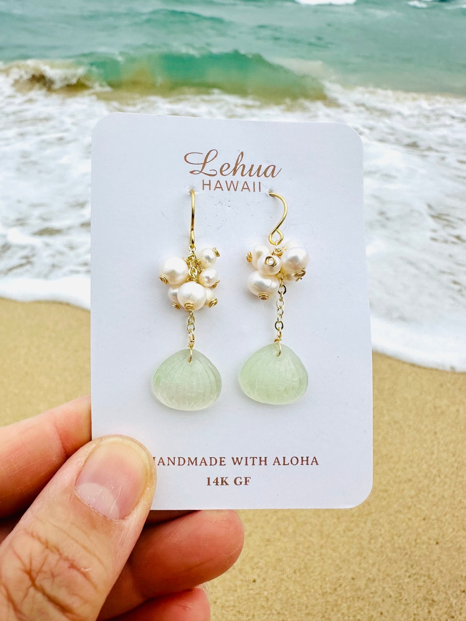 Rose Green Scallop Shell & Pearls Earrings - Lehua Hawaii Jewelry LLC