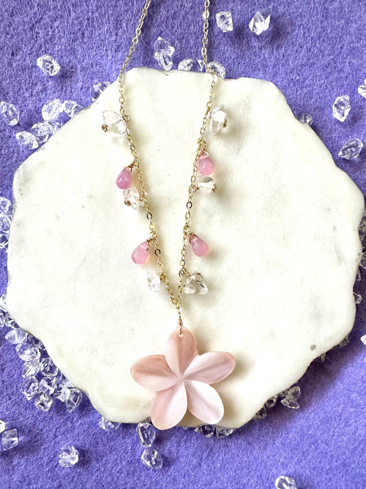 Pink Plumeria & Crystal Quartz Necklace