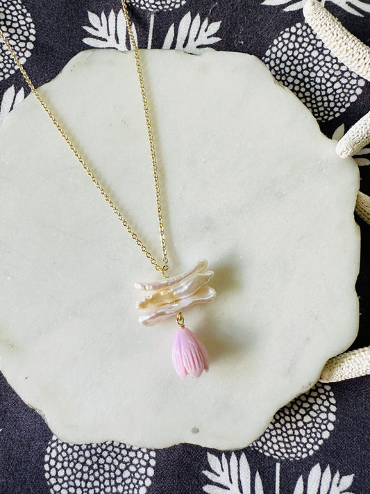 Biwa Pearl & Lavender Pikake Necklace