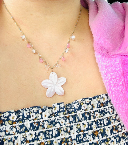 Pink Plumeria & Crystal Quartz Necklace