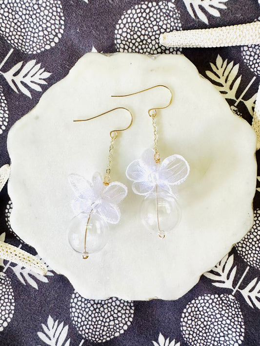 White Chiffon Flower & Crear Glass Earrings