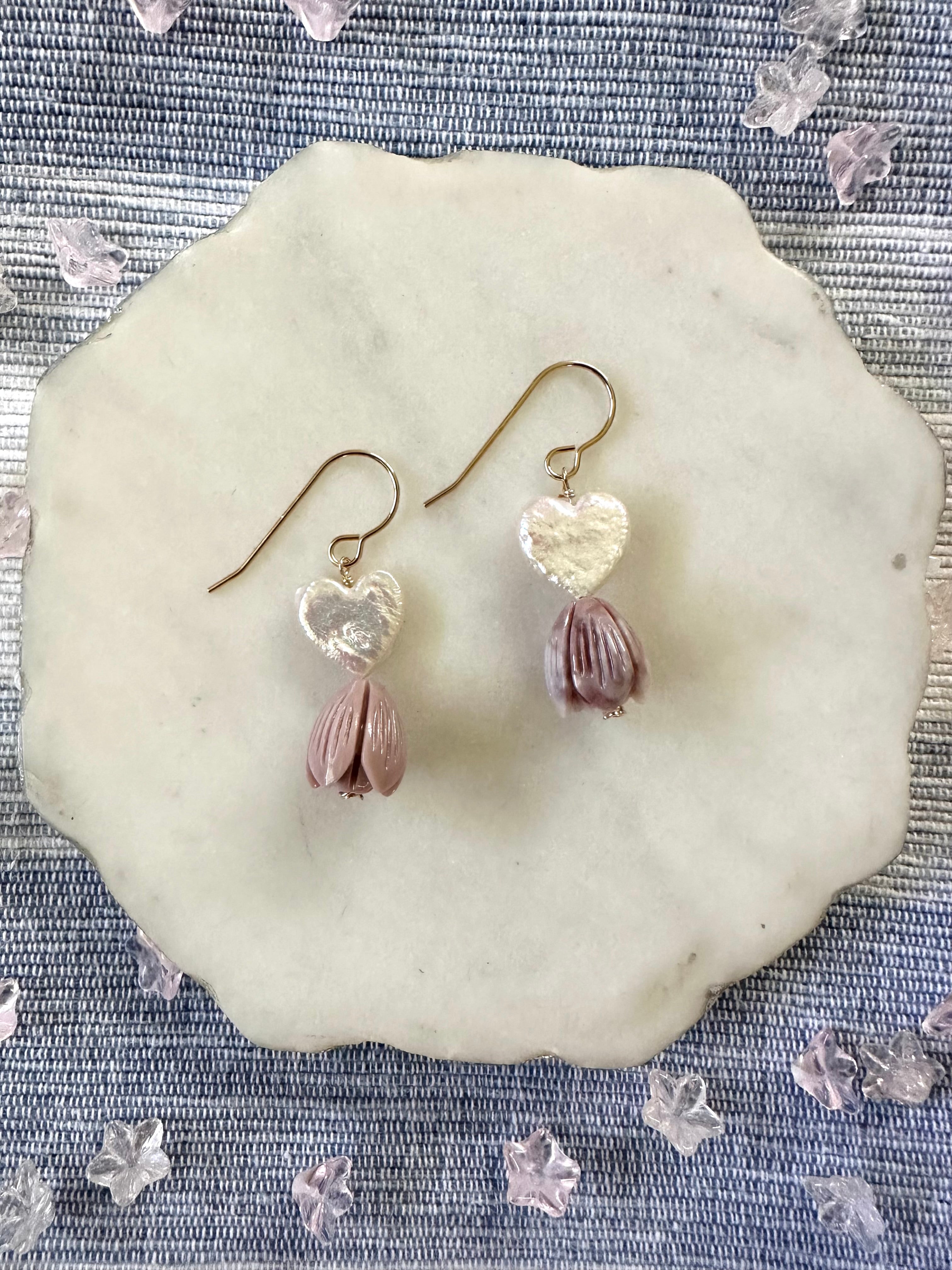 Pearl Heart & Mocha Pikake Earrings