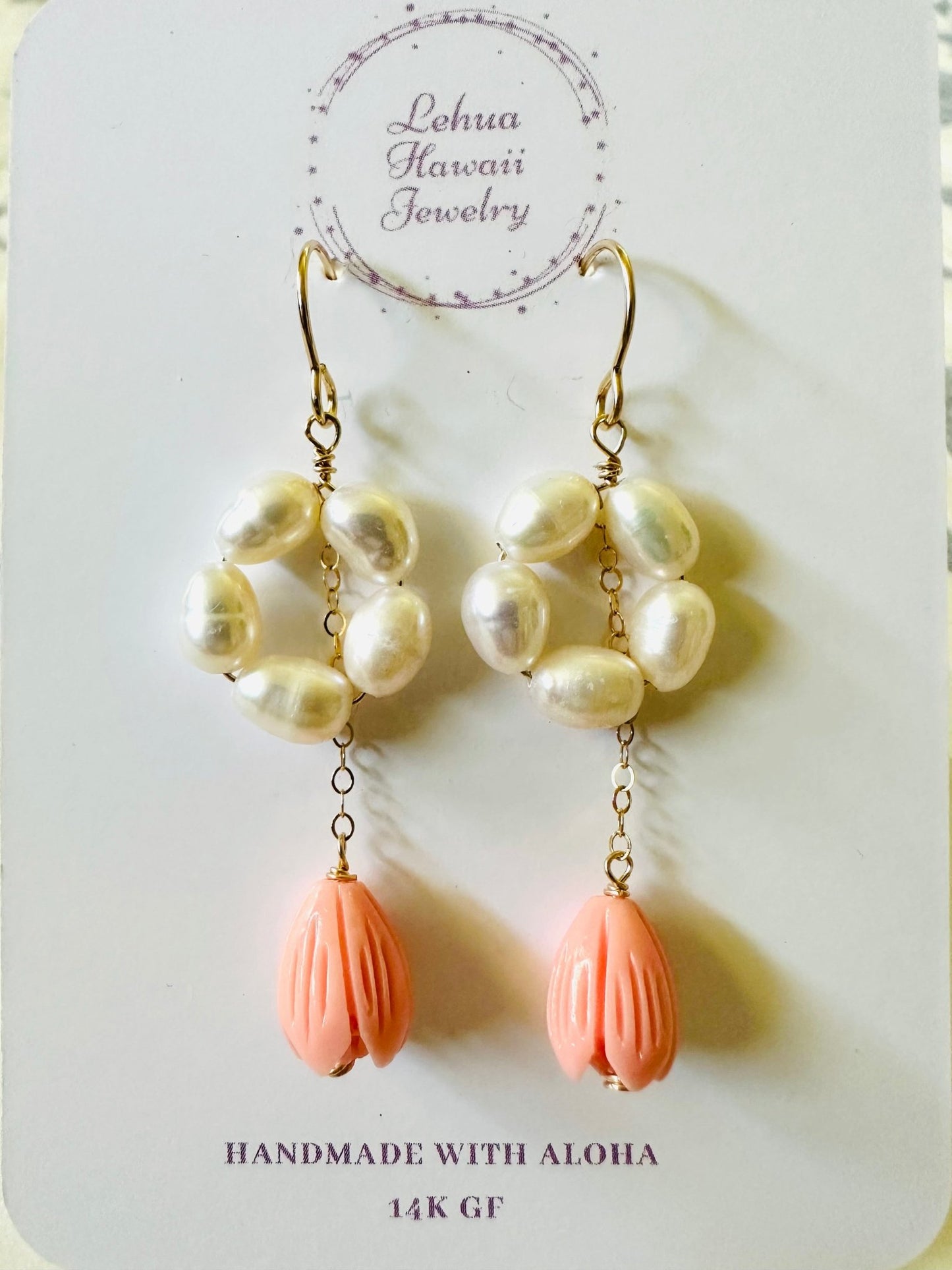 Pearl & Coral Pikake Earrings - Lehua Hawaii Jewelry LLC