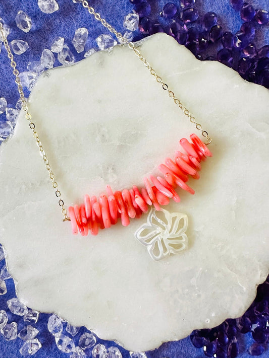 Plumeria & Orange Coral Necklace - Lehua Hawaii Jewelry LLC