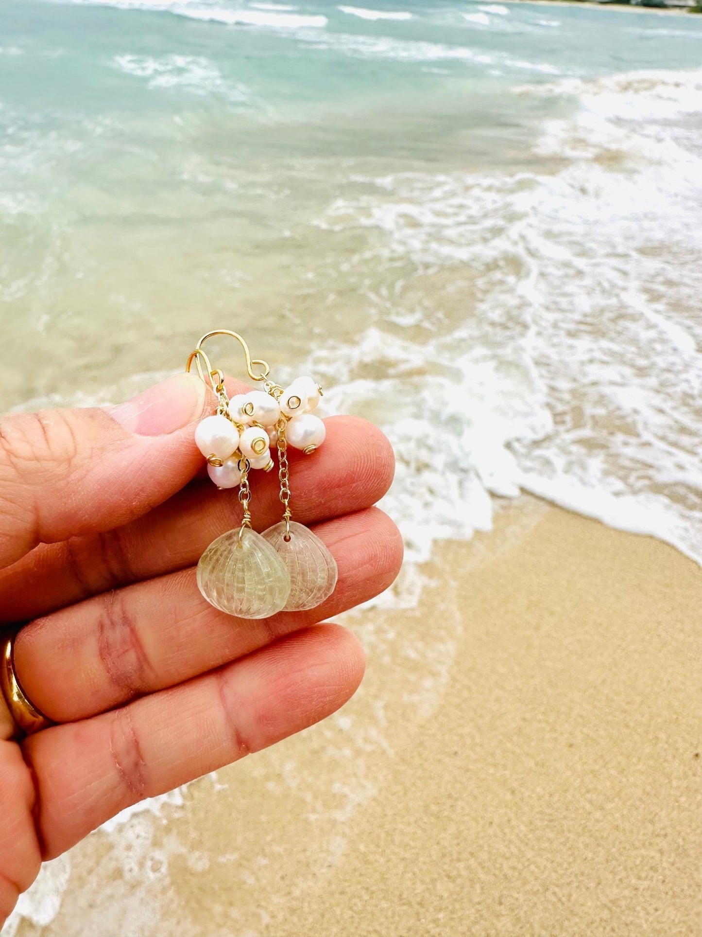 Rose Green Scallop Shell & Pearls Earrings - Lehua Hawaii Jewelry LLC