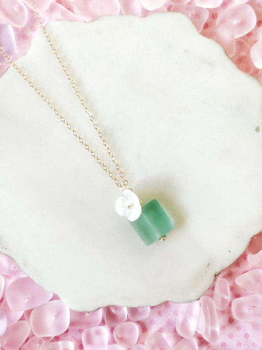 Aqua Mint Sea Glass & Shell Flower Necklace - Lehua Hawaii Jewelry LLC