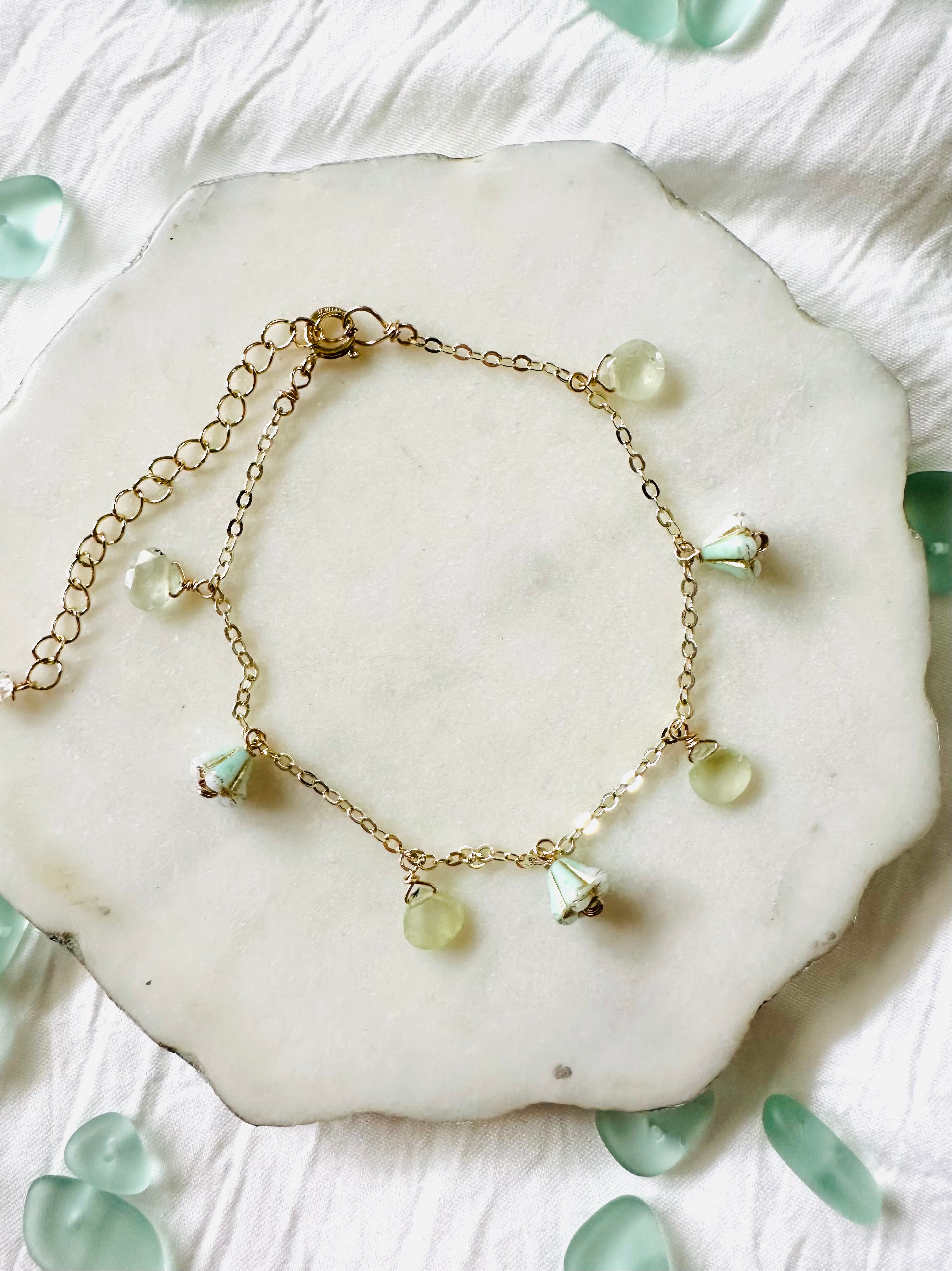 Czech Mint Gold Flower & Peridot Bracelets