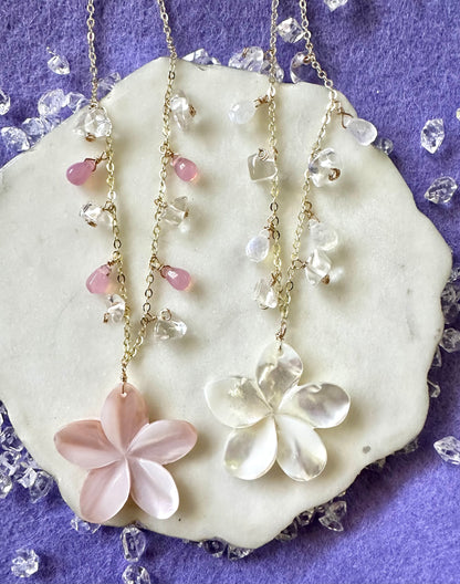 Pink Plumeria & Crystal Quartz Necklace