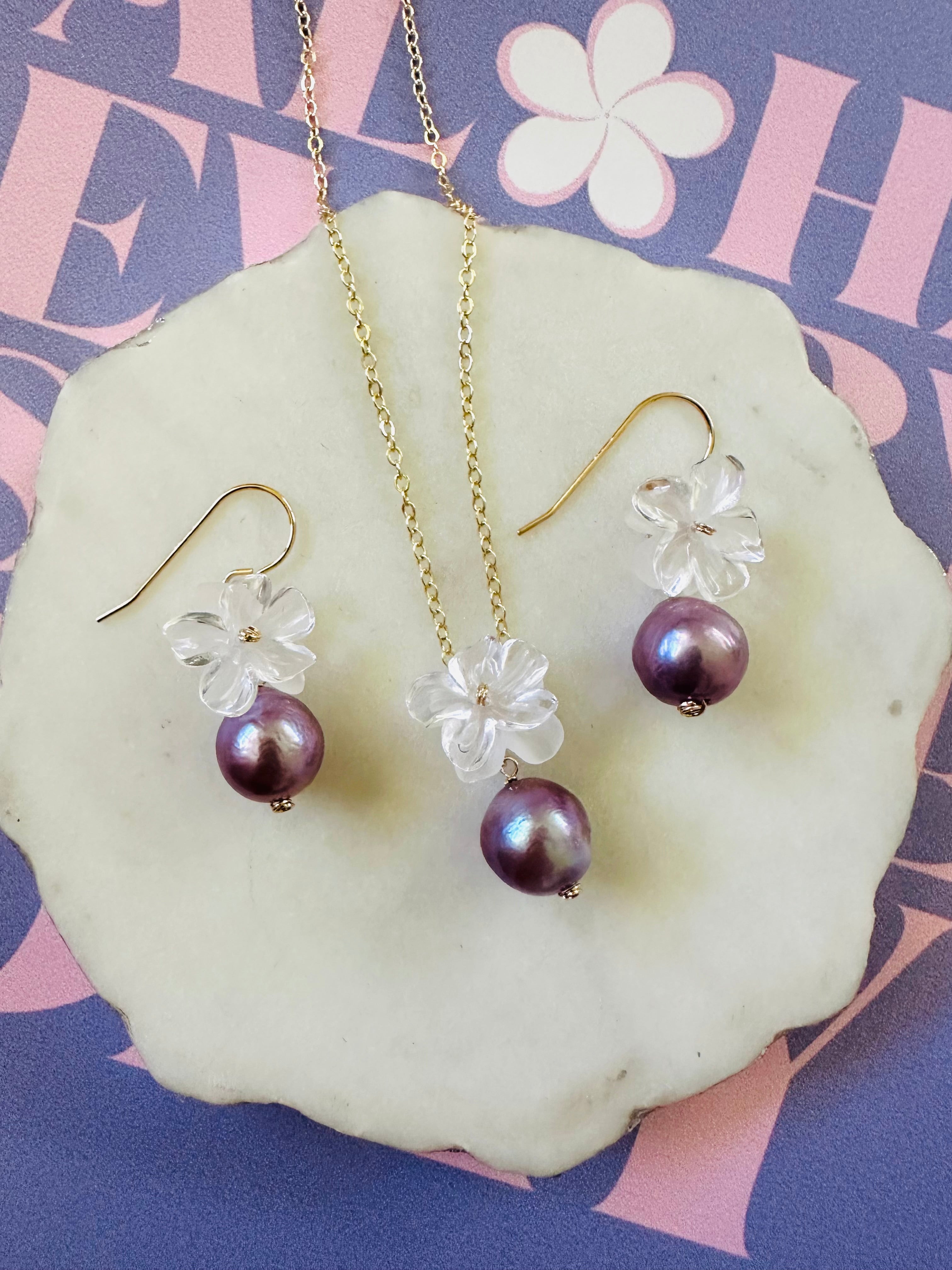 Clear Flower & Purple Pearl Necklaces