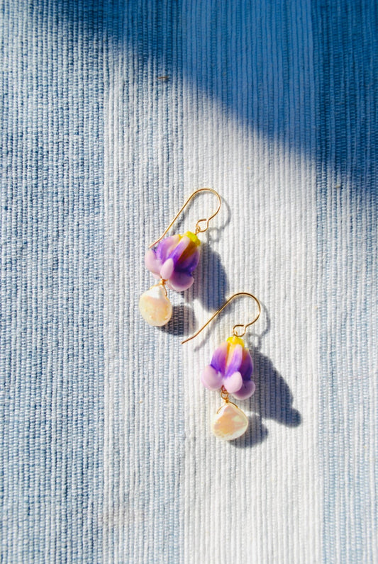 Purple Crown Flower & Pearl Earrings - Lehua Hawaii Jewelry LLC