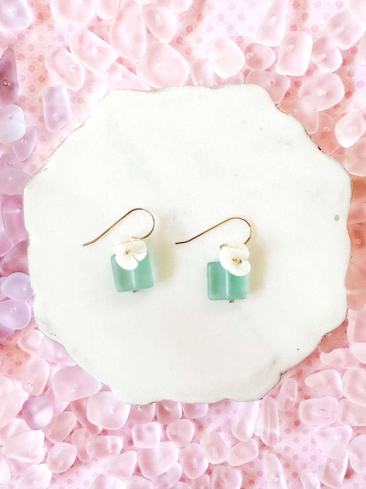 Aqua Mint Sea Glass & Shell Flower Earrings - Lehua Hawaii Jewelry LLC