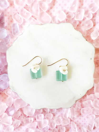 Aqua Mint Sea Glass & Shell Flower Earrings - Lehua Hawaii Jewelry LLC