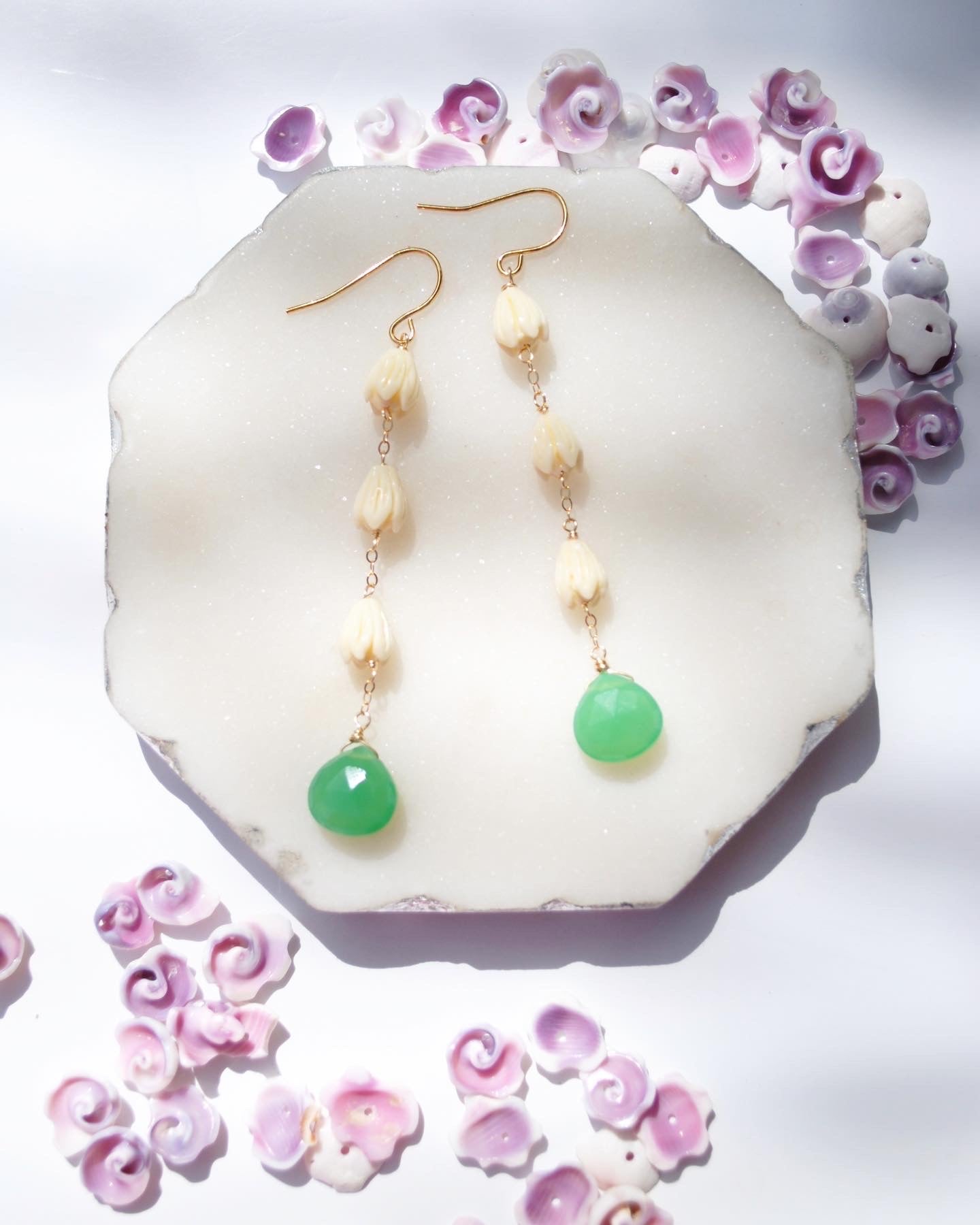 Vintage Pikake & Chrysoprase Earrings