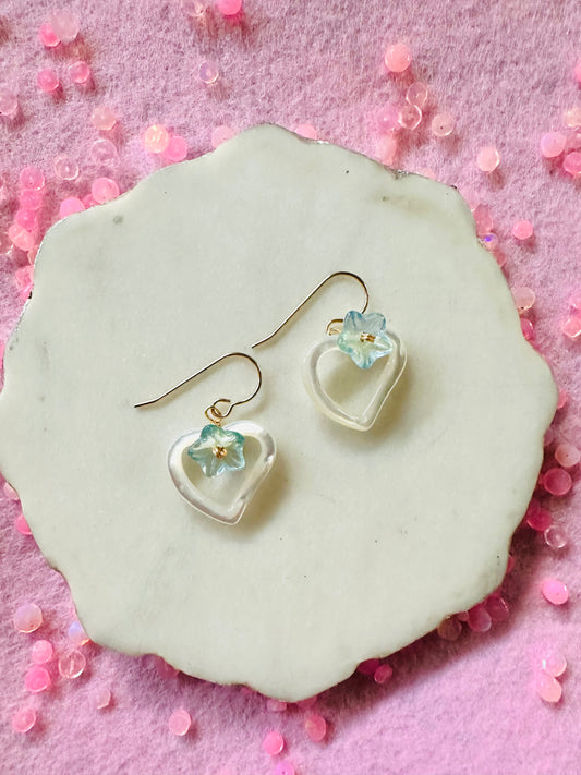 Shell Heart & Glass Flower Earrings