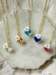 Rose Pink / Blue / Light Blue / Clear / Gold & Shell Flower Necklace
