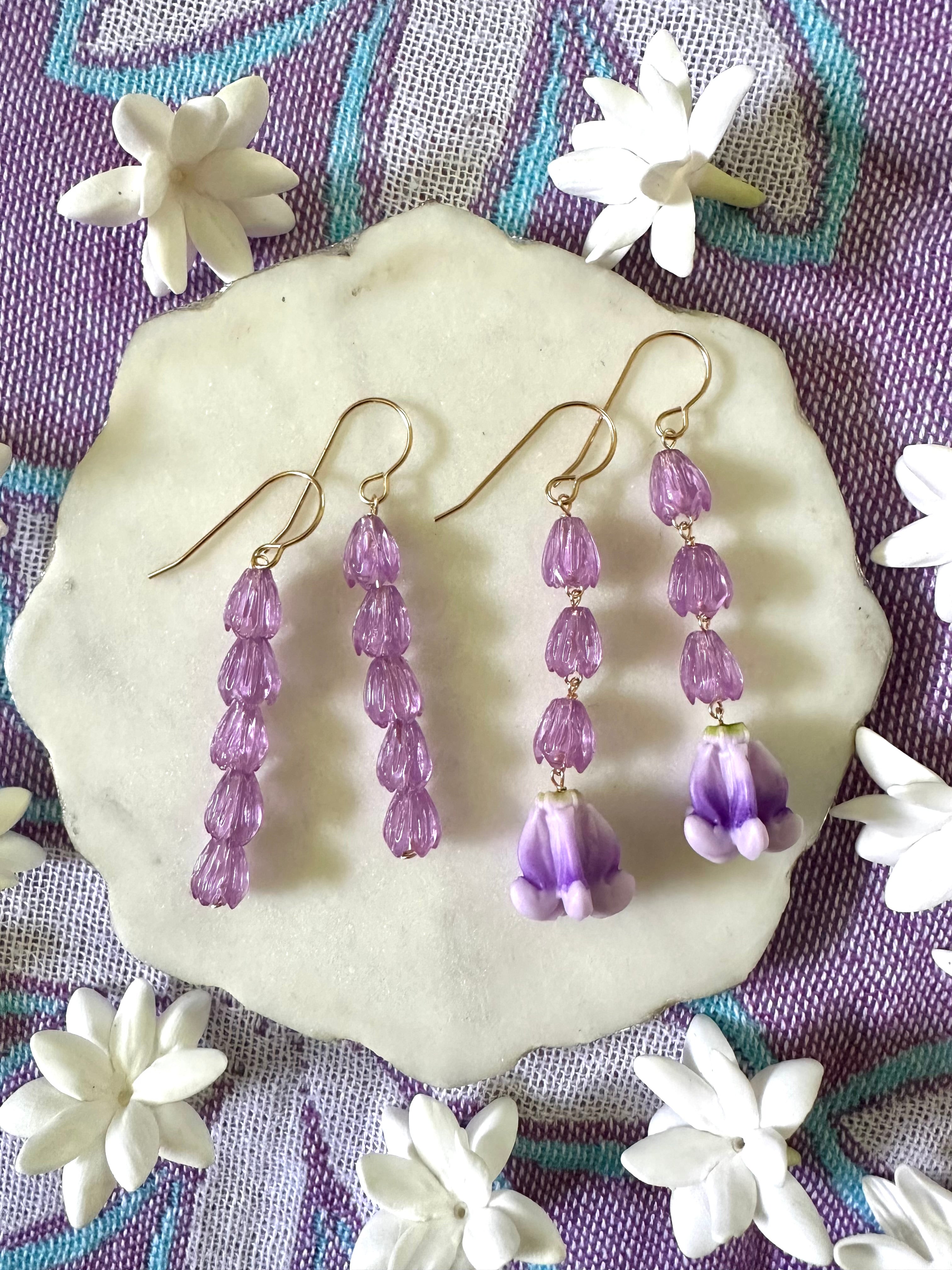 Purple Clear Pikake & Crown Flower Earrings