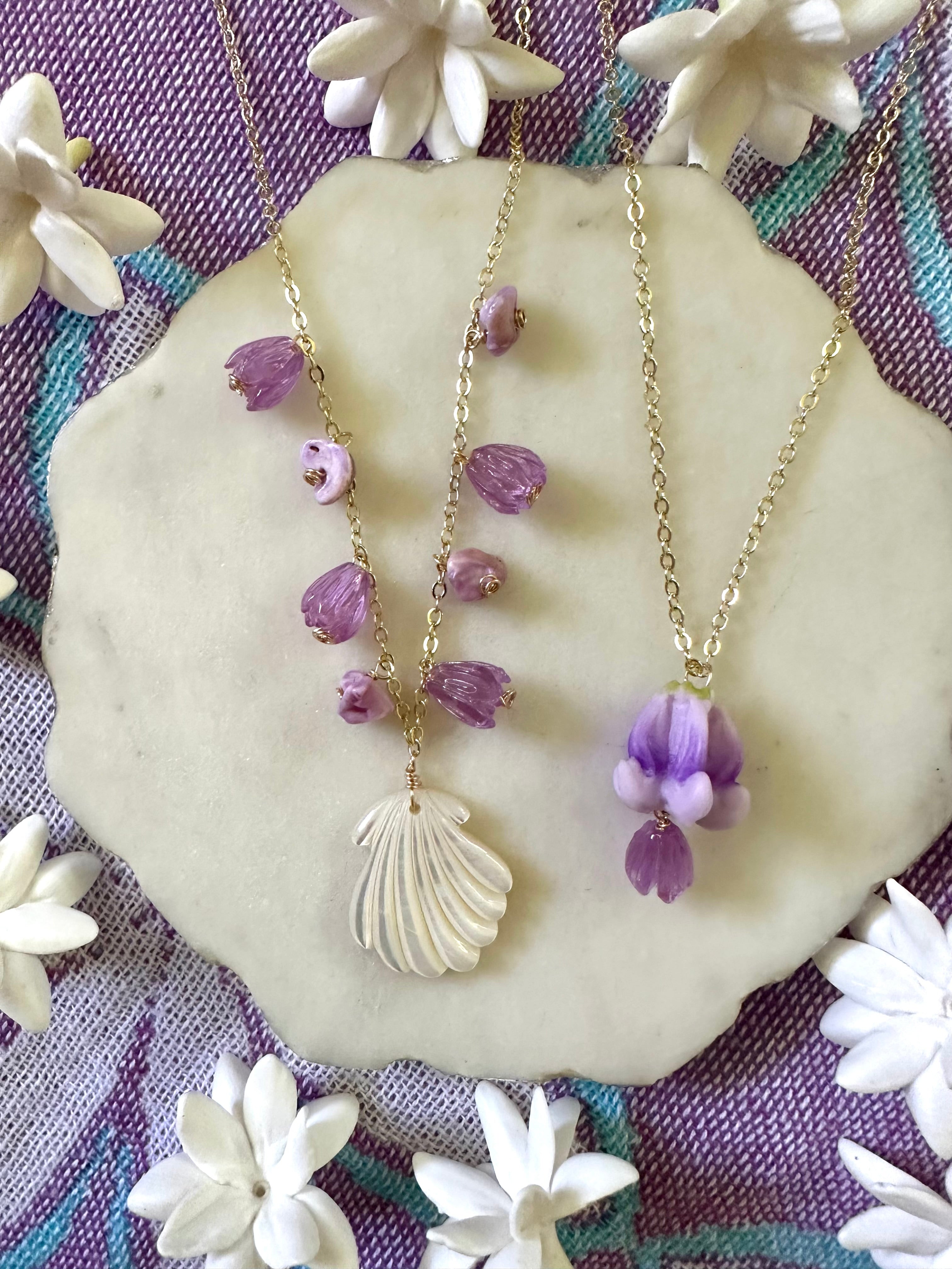 Clam Shell & Purple Pikake Necklaces