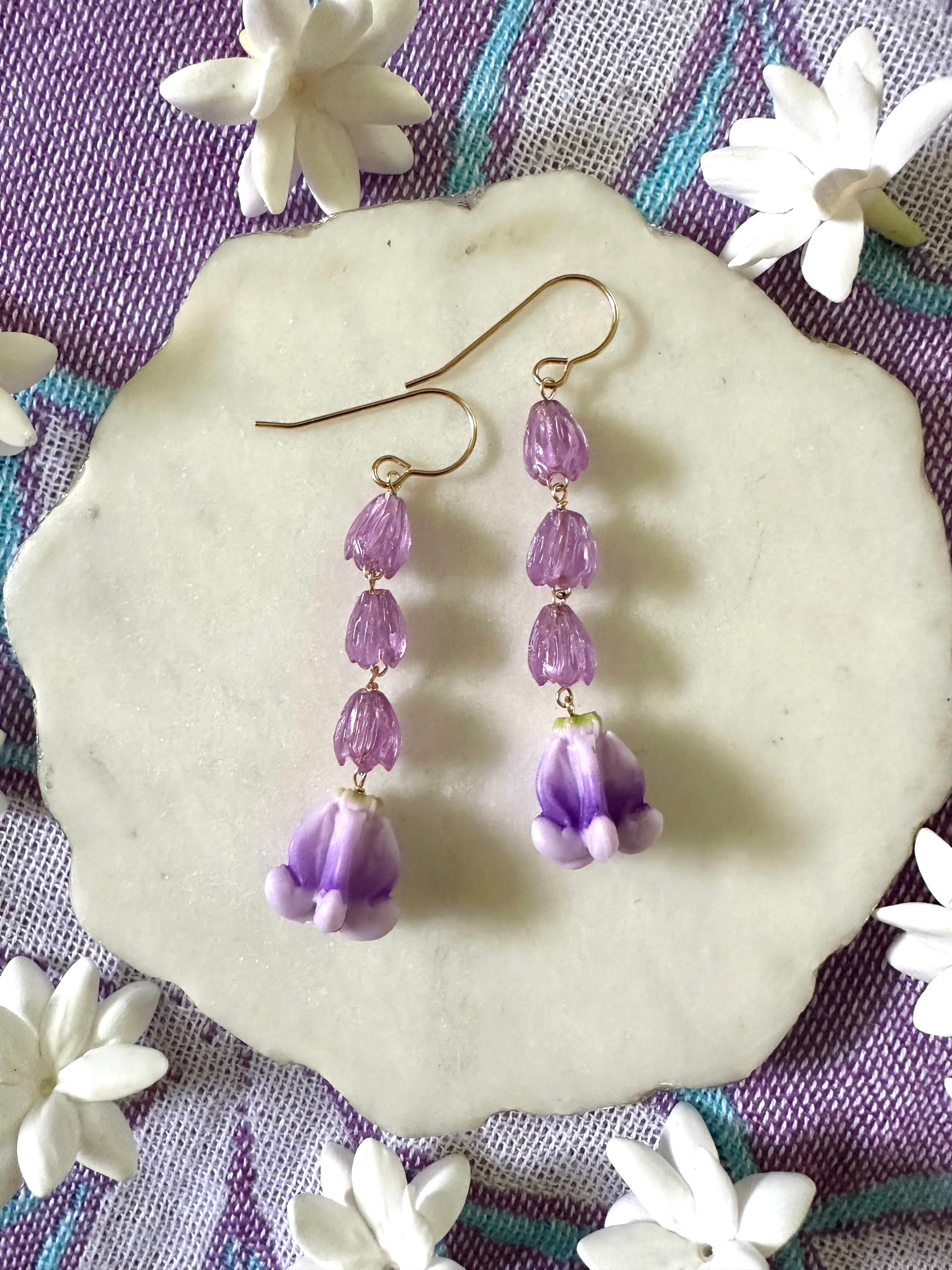 Purple Clear Pikake & Crown Flower Earrings