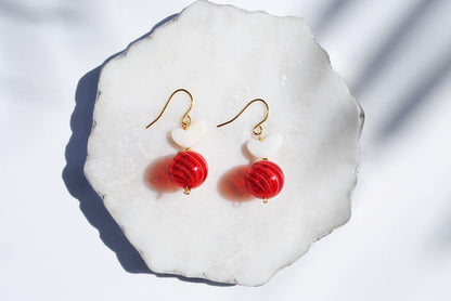 White Heart Shell & Red Valentine Marble Glass Earrings - Lehua Hawaii Jewelry LLC