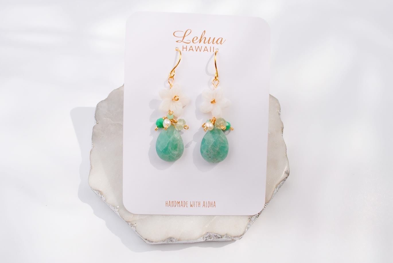 White Flower Shell & Amazonite Gems Earrings - Lehua Hawaii Jewelry LLC