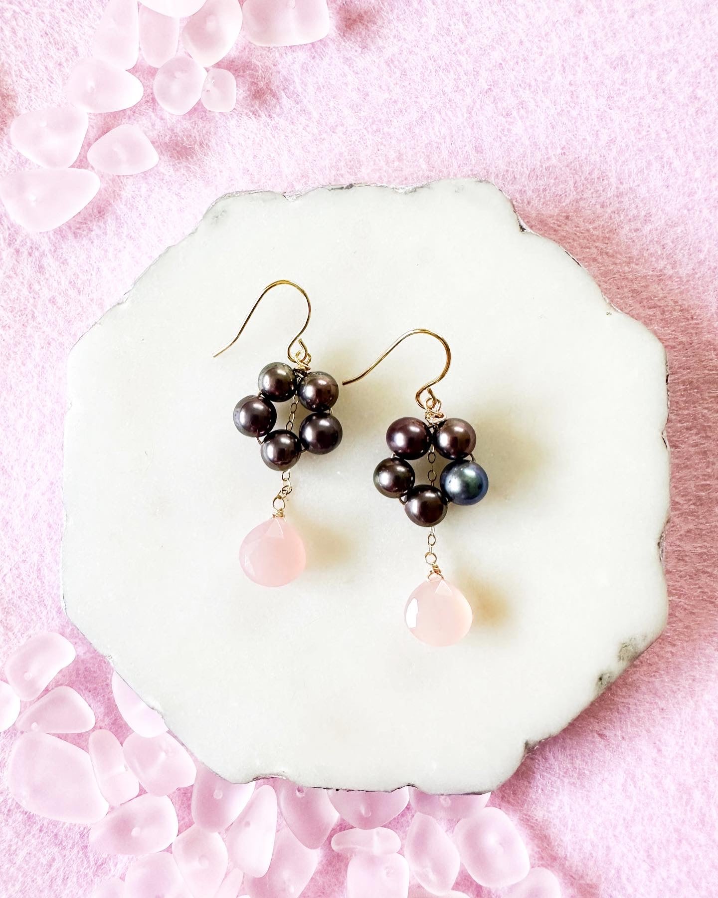 Pearl Flower & Rose Pink Chalcedony Earrings