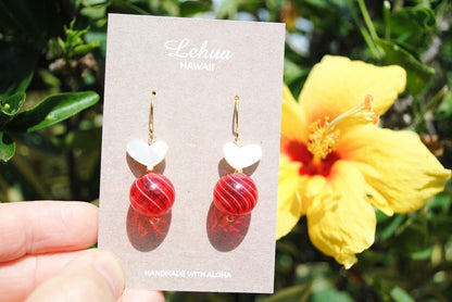 White Heart Shell & Red Valentine Marble Glass Earrings - Lehua Hawaii Jewelry LLC