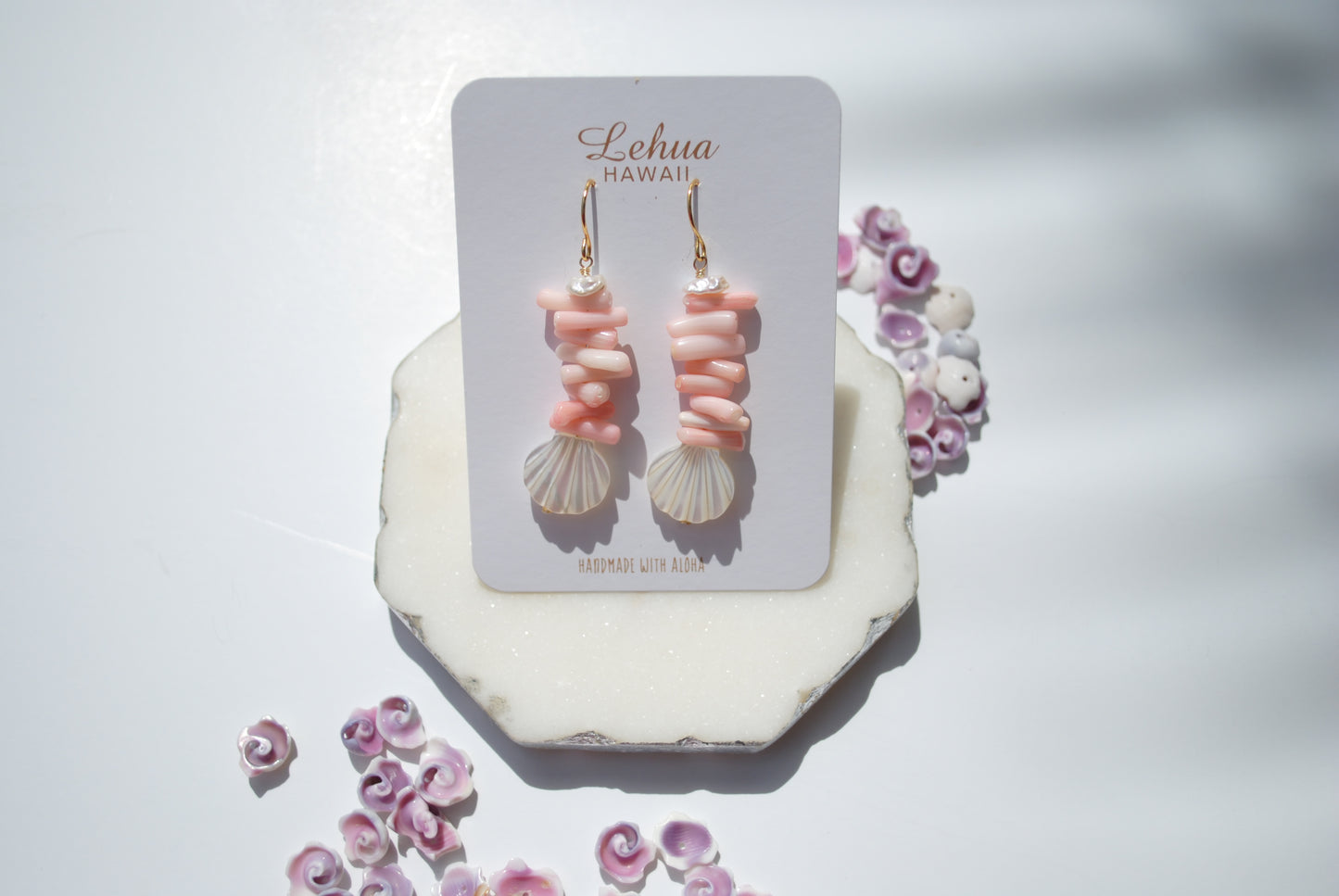 Pink Coral & Shell Clam Earrings