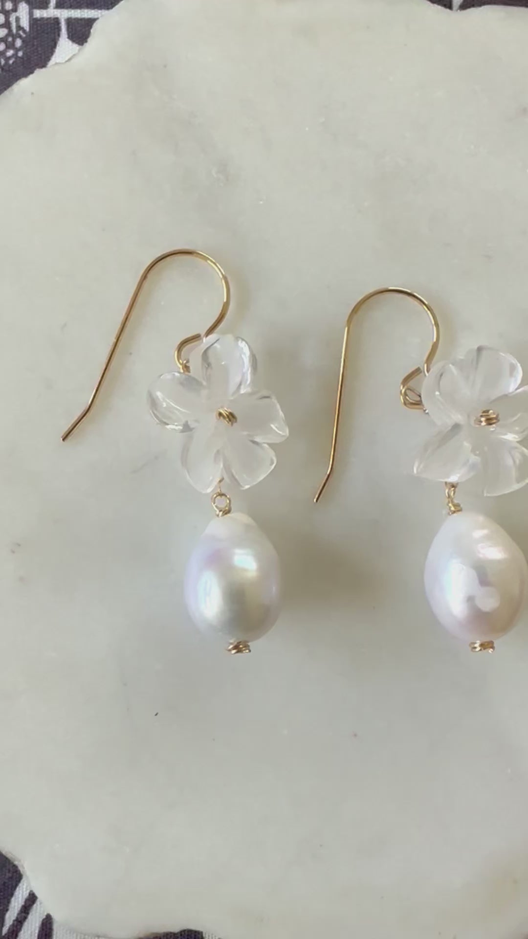 Load video: White Flower &amp; Teardrop Pearl Earrings
