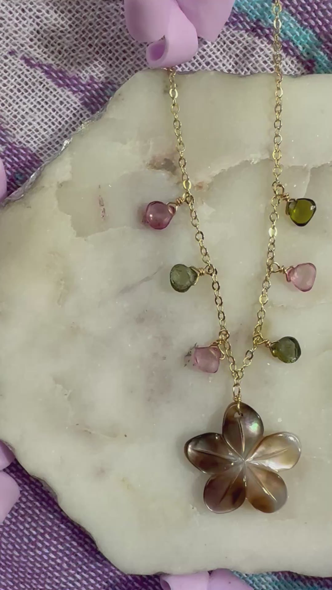 Load video: Plumeria &amp; Tourmaline Necklaces