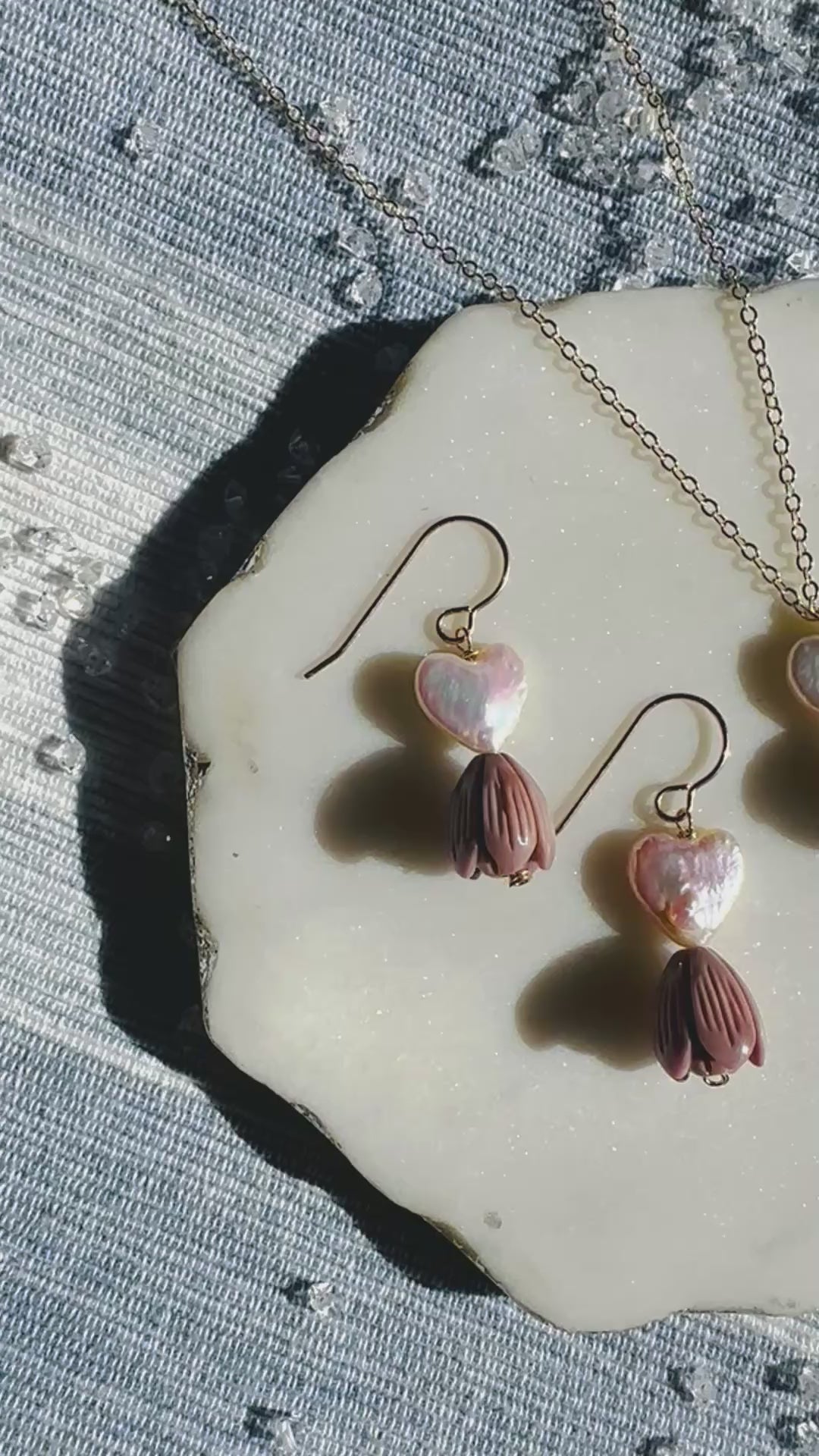Load video: Pearl Heart &amp; Mocha Pikake Earrings