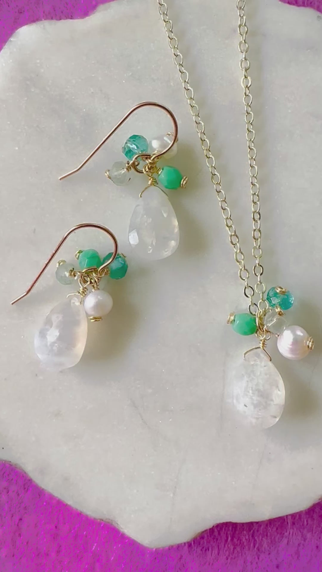 Load video: Moonstone &amp; Emerald Czech Earrings
