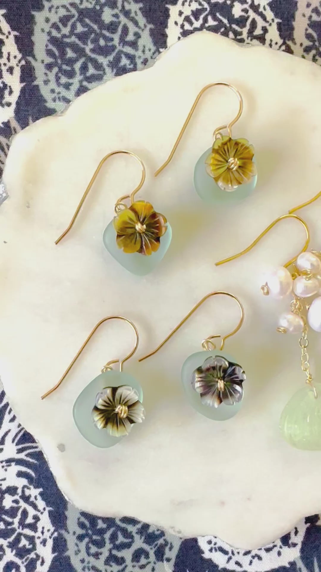 Load video: Rose Green Scallop Shell &amp; Pearls Earrings