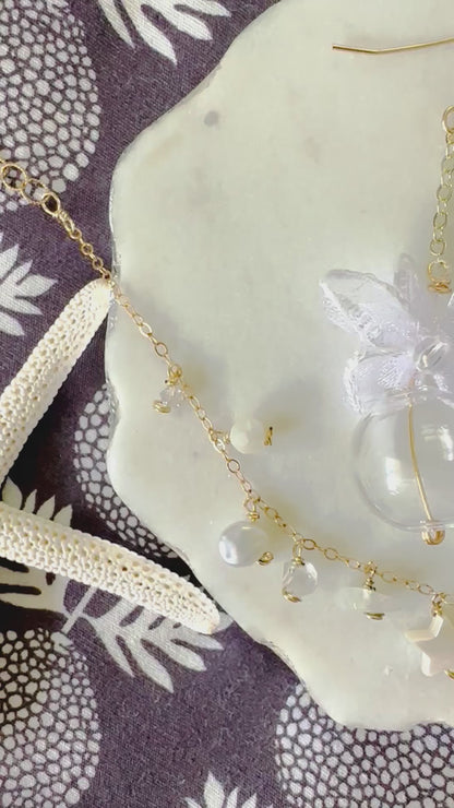 White Chiffon Flower & Crear Glass Earrings