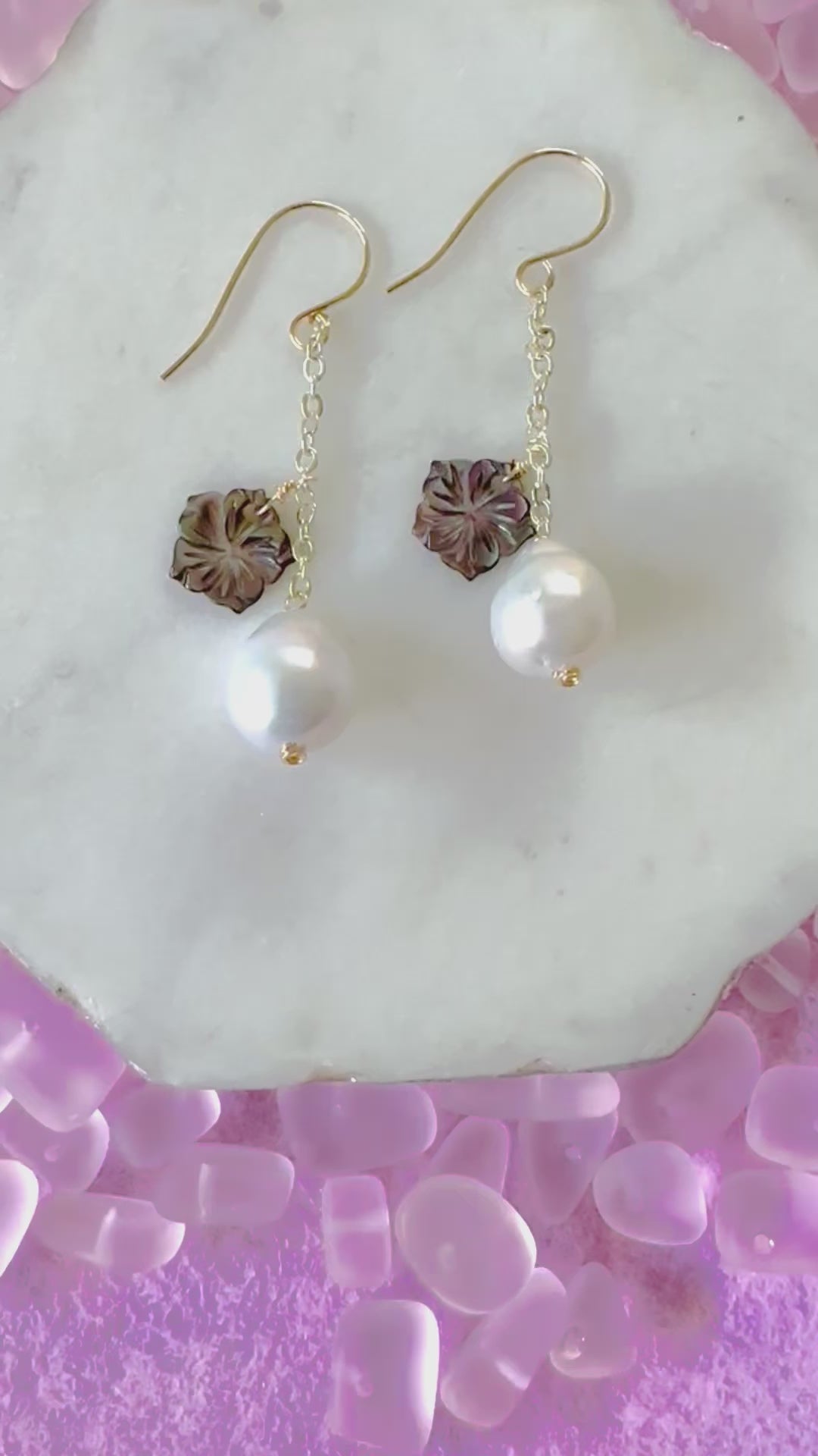 Load video: Baroque Pearl &amp; Shell Flower Earrings
