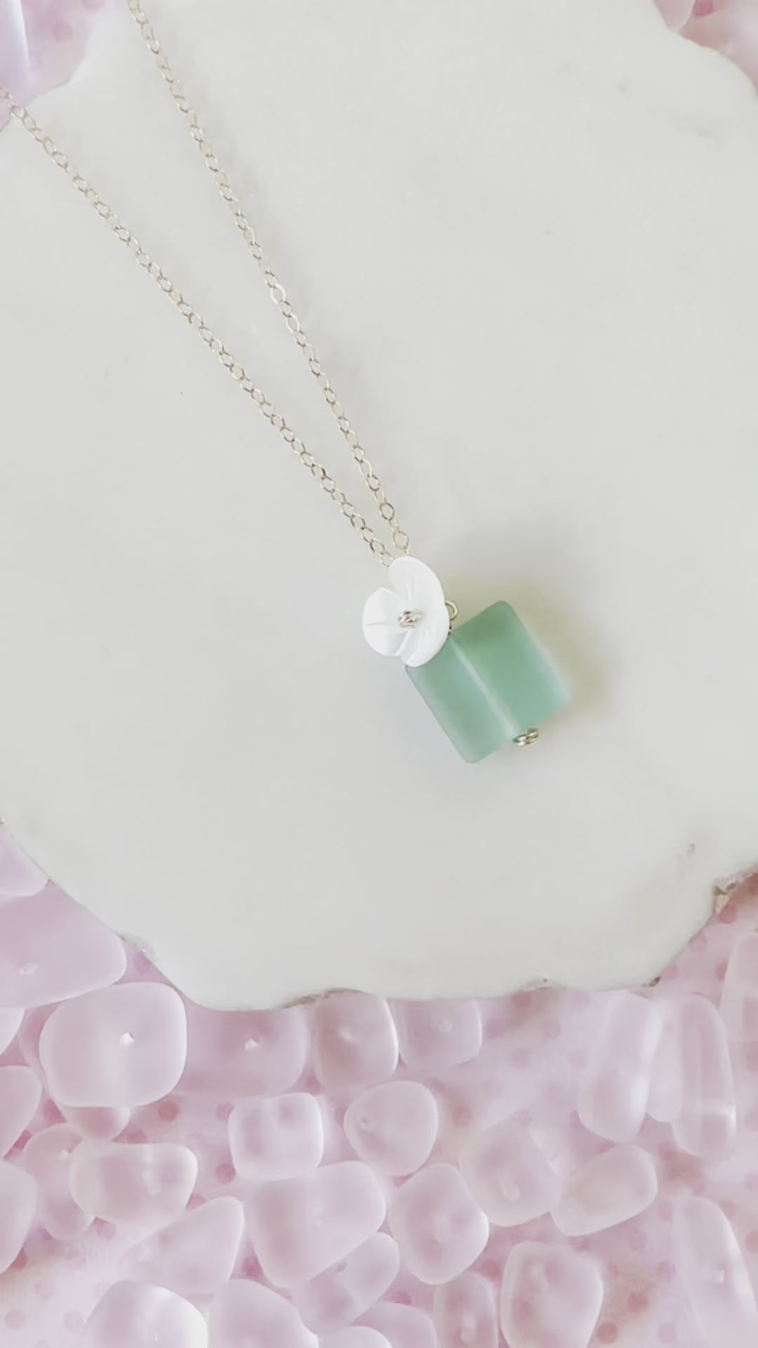 Load video: Aqua Mint Sea Glass &amp; Shell Flower Necklace
