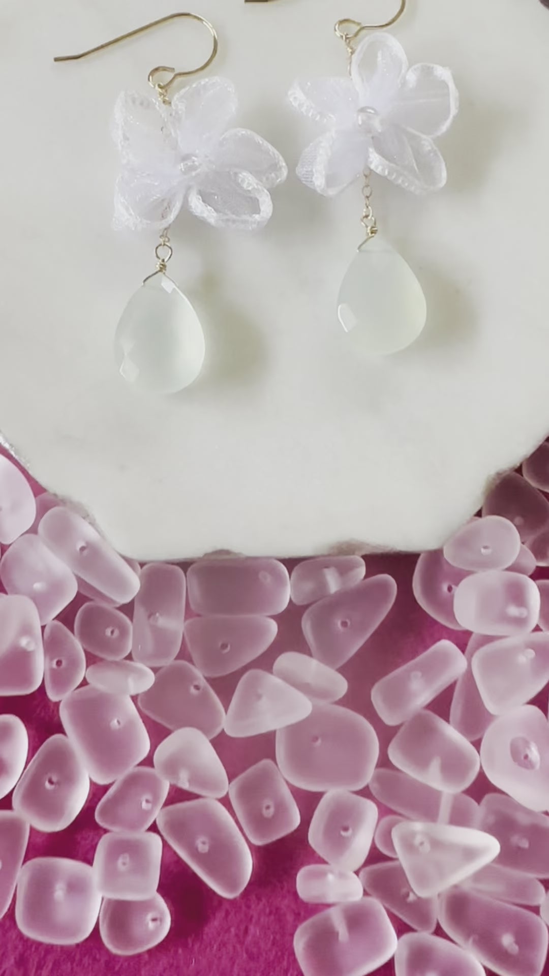 Load video: White Flower &amp; Aqua Chalcedony Earrings